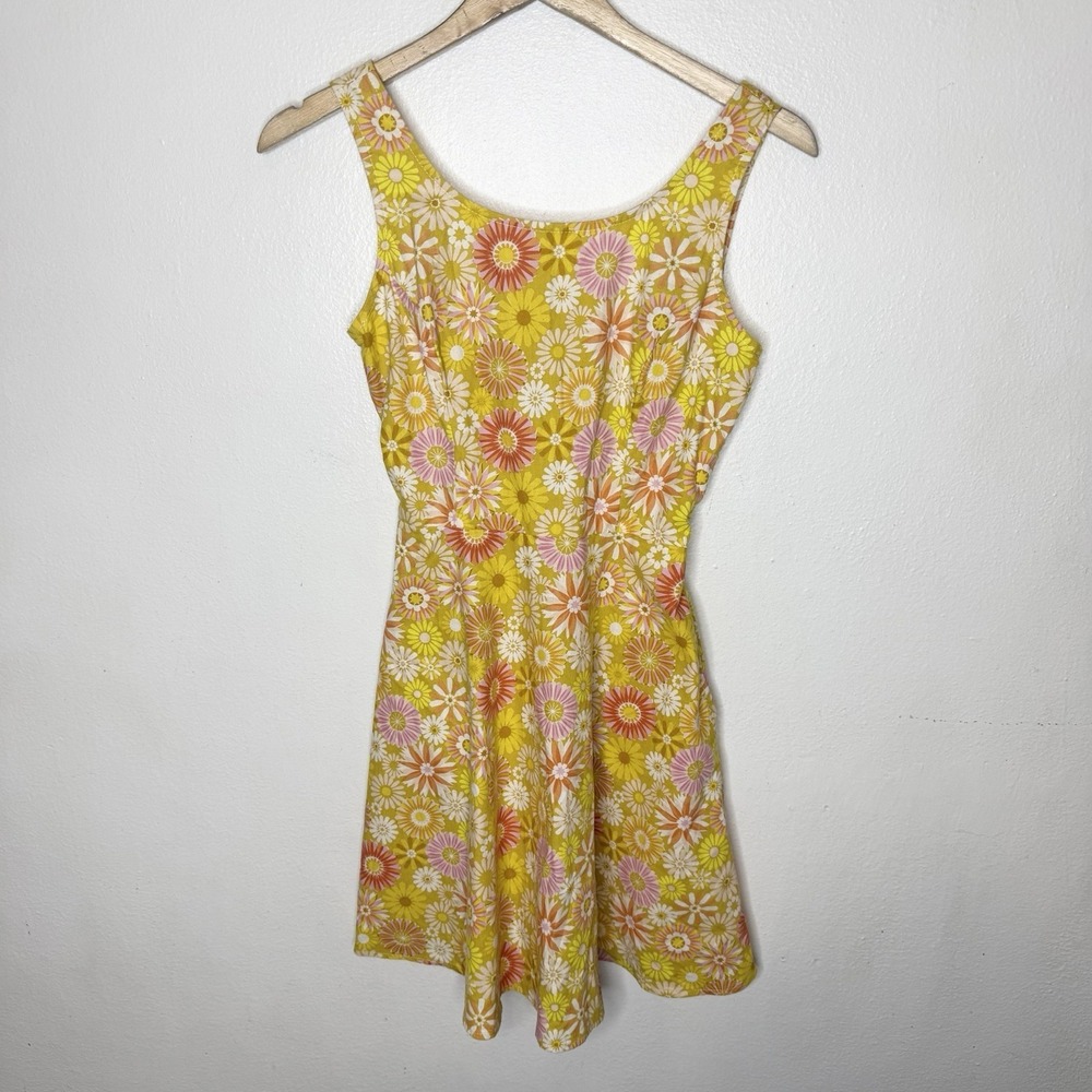 Retrolicious Yellow Floral Retro Fit And Flare Mini Dress Pockets Women's XS